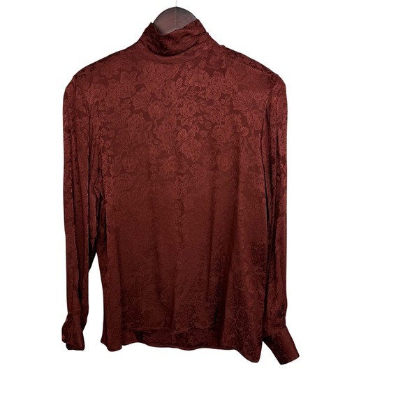 Anne Klein Tops - Anne Klein II Blouse Women 8 Burgundy Silk Floral Jacquard Mock Neck Vintage